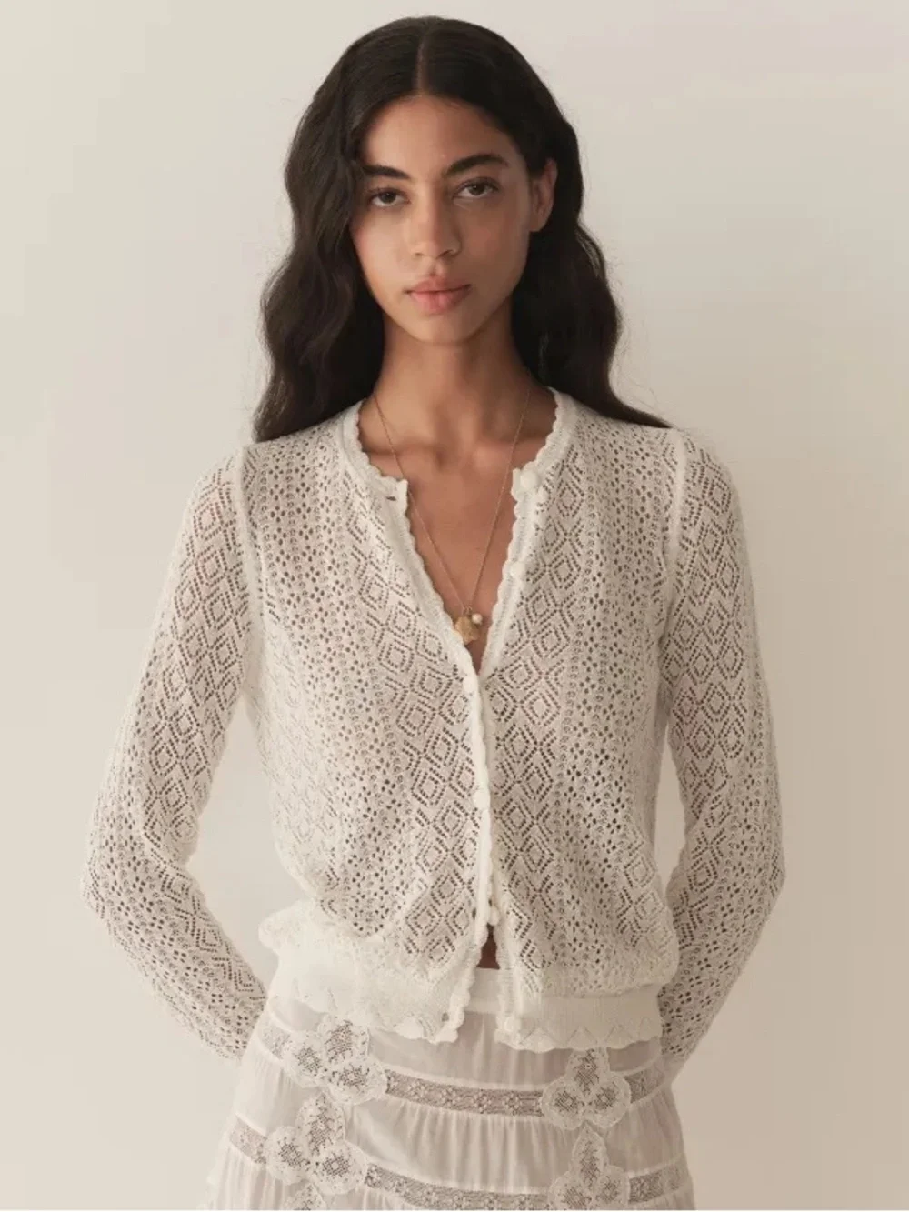 Doen Diane Pointelle Lace Crochet Button Knit Cardigan Sweater Top Ivory White